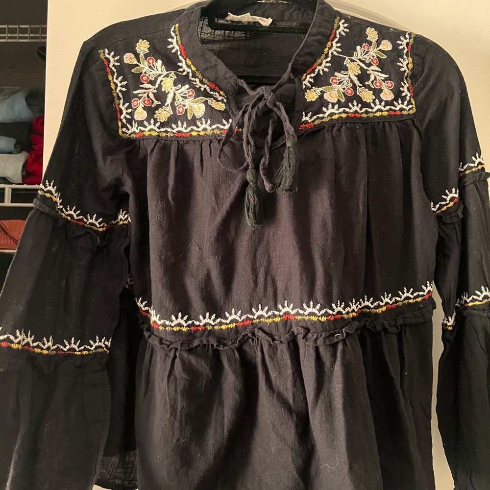 Black Embroidered Long Sleeve Boho Shirt